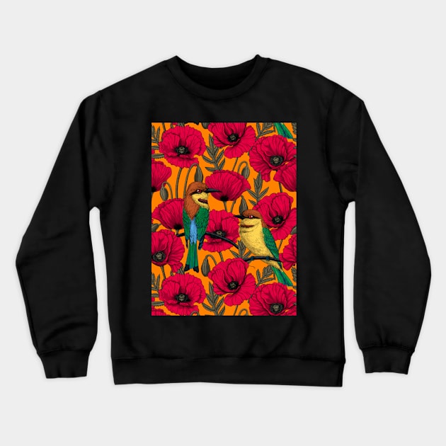 Bee eaters and poppies on orange Crewneck Sweatshirt by katerinamk